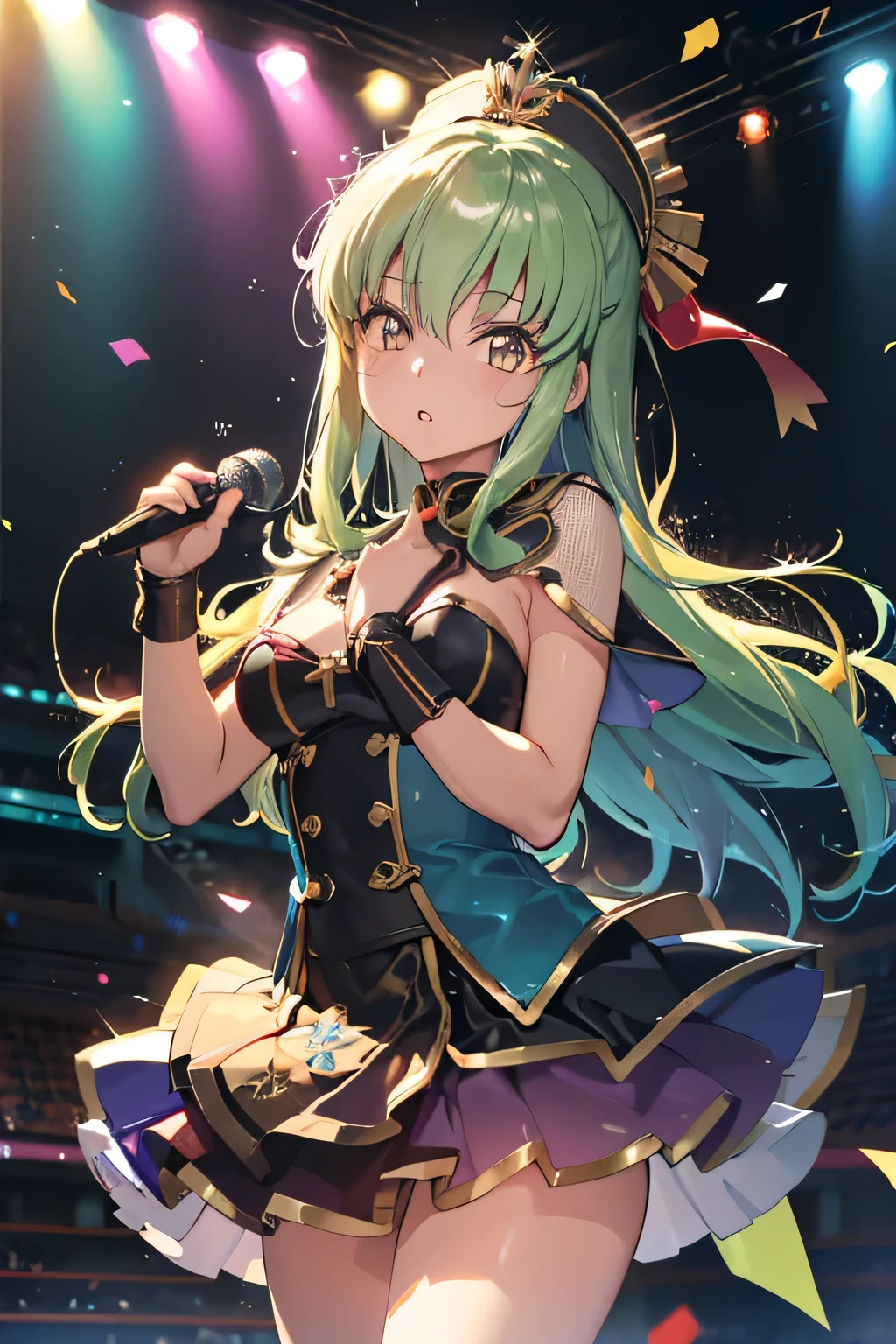 (A singer holding a microphone in one hand:1.5), ( idol costume), looking up, (standing),
(Neon Glowing Idol Outfits), Spotlight, colorful lighting, on stage, stage lights, spotlight, sparkle, depth of field, sharp focus, Confetti shower, confetti,(audience),
1girl, cc_codegeass, hair between eyes, very long hair, best quality, (cel anime),anime style, hard-edged,高解像度,鋭い焦点,
(超詳細,非常に詳細),(非常に詳細 CG unity 8k wallpaper),(鮮やかな色彩),{best illustration},キャメルトゥ,( of ),
(誘惑的な目,自然な肌の質感, リアルな顔のディテール),((詳細なボディ)),(詳細な顔)),(betterhand,完璧な解剖学,5本の指),
very shiny 肌,光沢のあるボディ,(plastic glitter 肌),exaggerated shiny 肌,illuminated 肌,(巨大な胸, グラマー:1.1),
white idol costume, mini skirt,
bewitching pose, heavy breathing, fog, (glistening skin:1.2),滴る汗,(Steamy glossy ), (蒸れた脇の下:1.2),