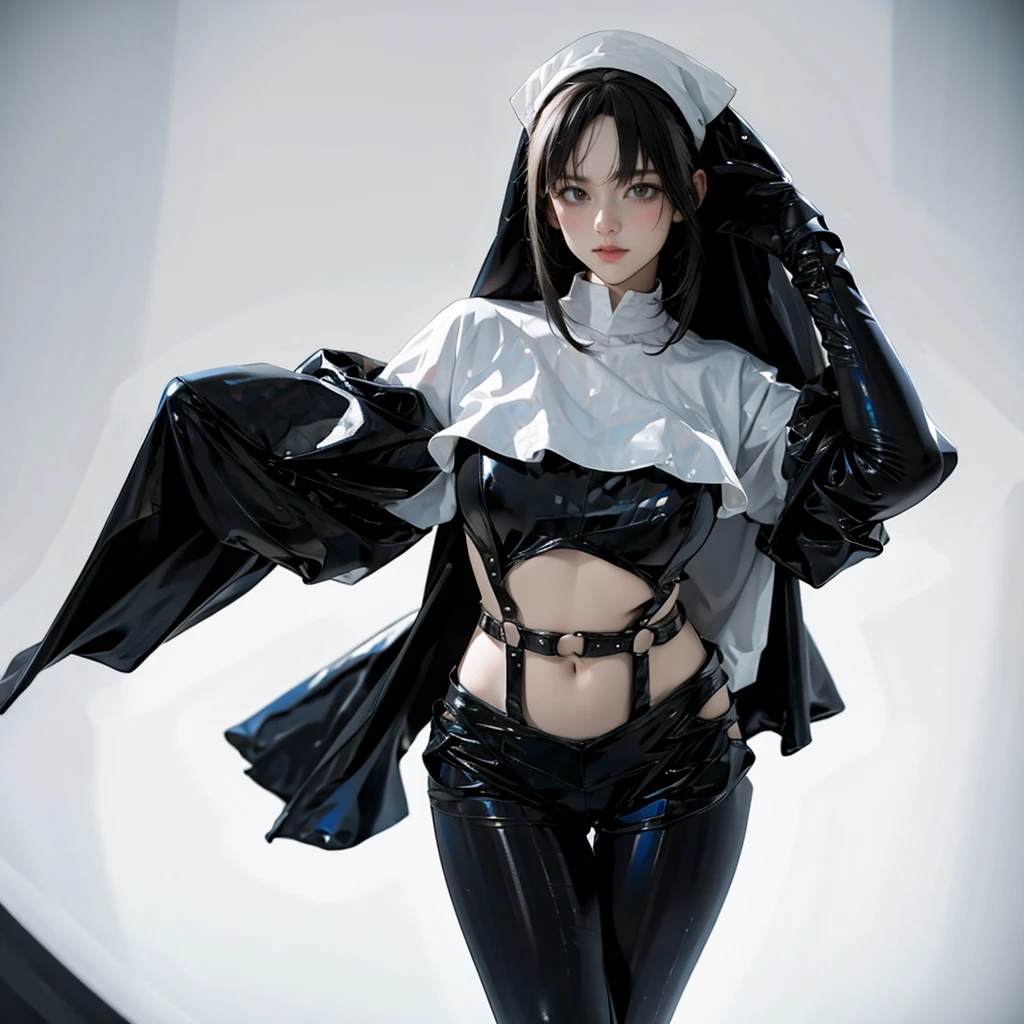 (8K, RAW photos, best qualtiy, masterection:1.2), (photorealestic, photo-realistic:1.37), Hyper-detailing, photon maping, Radio City, physically-based renderingt, (1girll),(NSFW:1),(Medium and short hair),(By bangs),(brunette color hair),(full bodyesbian),(Realistic skin),photorealistic eye,Nice detail eyes,Beautiful skins,(22-year-old woman),Pretty face,(Nun dress),(perfect hips),(white stockings)
