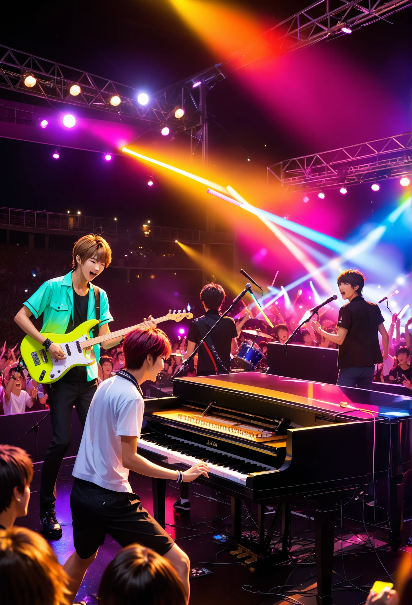 masterpiece, Best quality, Ultra High Resolution, absurd, Japan Music Festival, Japanese idol boy band performing on stage(five people:singer, drummer, Guitarist, Bassist, Piano Keyboard Hand), outdoor stage, enthusiastic audience, Audience Handheld Neon Stick, at night, Colorful Spotlight,