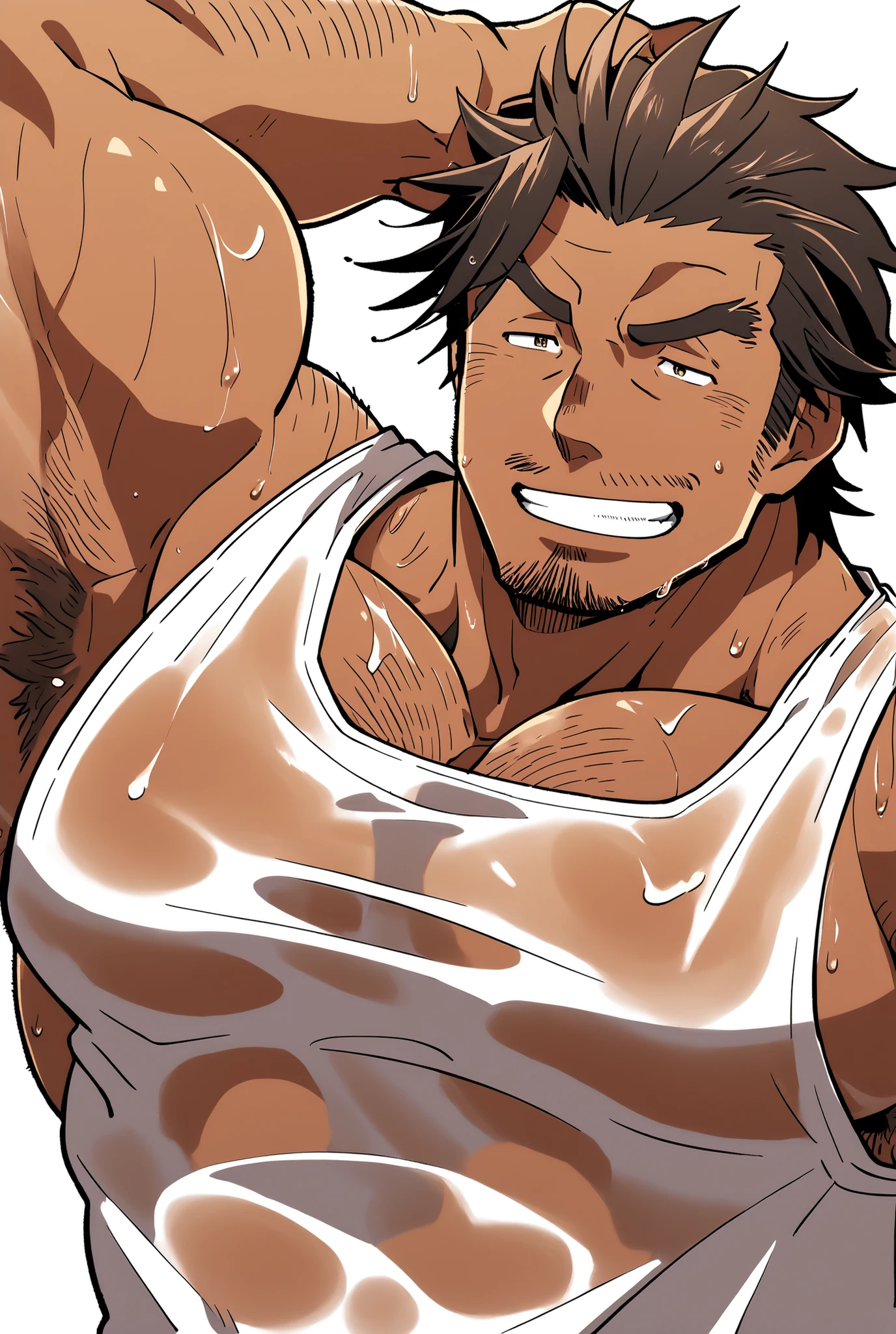 (Yami Sukehiro), A strong middle-aged man who is sweaty and has a beard,Wet Sheer Tank Top,brown skin, place one hand behind your head,side,濃いside毛,Huge pectoral muscles,sideを見せつける,(hairy body:1.1),Bitter smile,Transparency