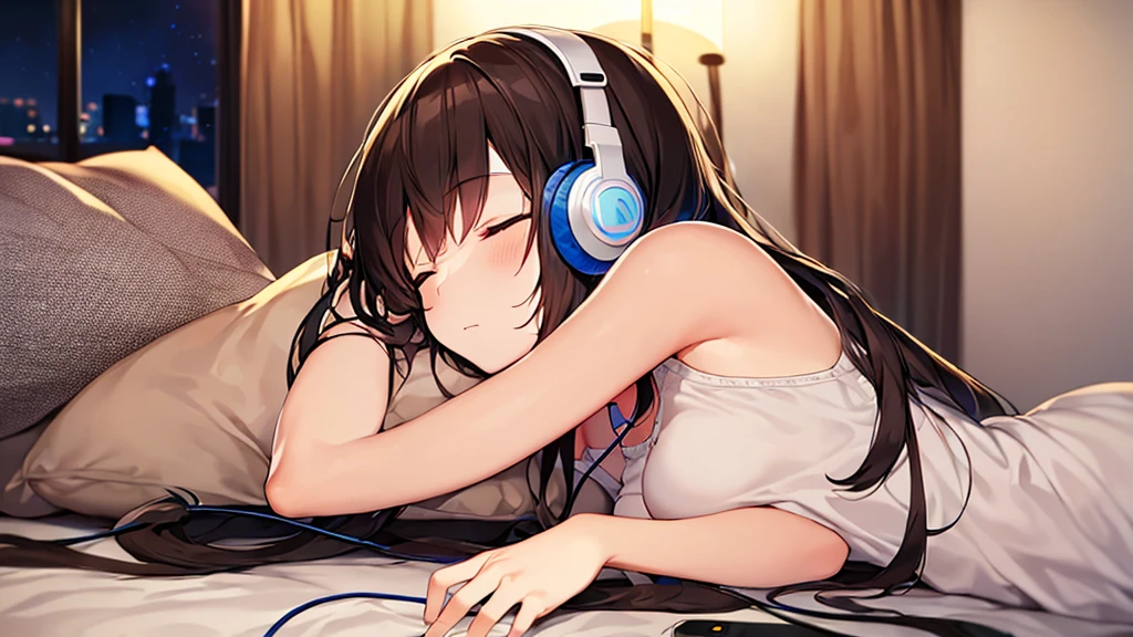 Relaxing Woman Oversized shirt Black Hair Long Hair Wearing headphones Lying on the bed