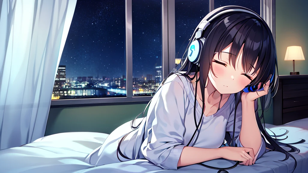 Absurd, Ultra-high resolution, (Official Art, beautifully、mysterious:1.2), Correct human body composition, Striking eyes, length, Shiny black hair, Larger than average bust, Girl listening to music with headphones, Looking out the window, lo-fi girl, Oversized hoodie, Makoto Shinkai and Artgelm, Anime atmosphere, Lofi Art Style, Anime style 8k, Anime Aesthetics, Lo-fi feel, Anime Art Wallpapers 8K, An atmosphere of praise, City Room, Teenage girl's room, A room for music lovers, city view from the window, Impressive cityscape, Bright sky