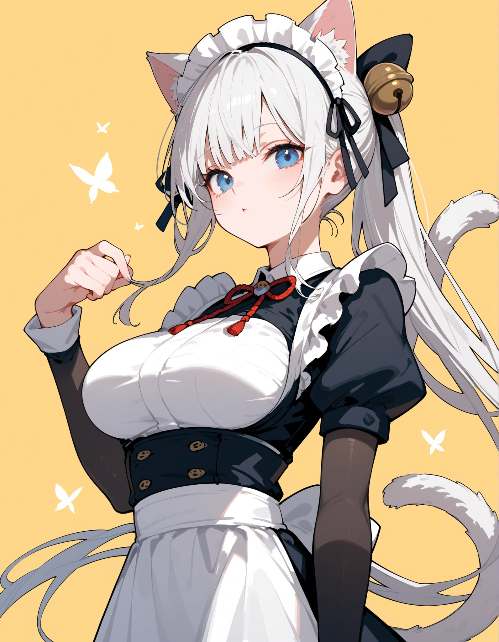 Alone ,girl,white hair,long hair,in blue eyes,Cat ears,big breasts,slim,White sleeved kimono,Arm socks white,Has 2 tails,cute,yellow background,Tight kimono,Slim legs,upper body shape,arm stockings Black,white skirt,Ponytail, complete,Maid,Hair Bell,,Milf,Black Tights,