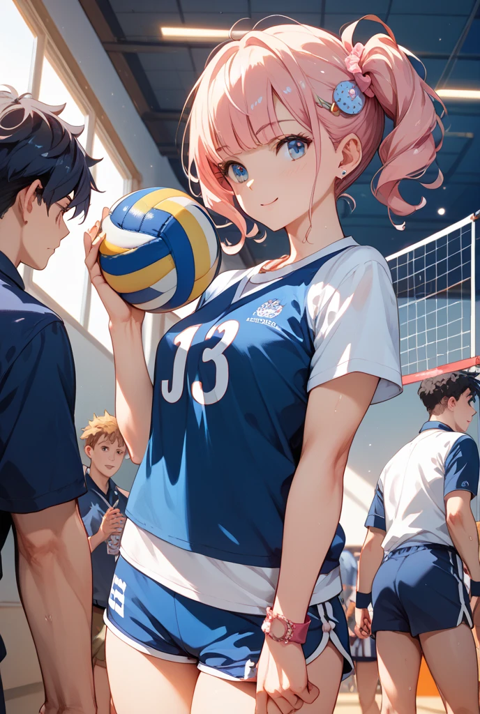 masterpiece, best quality, high resolution, ultra-detailed, perfect face, slender perfect body, Tight belly, Toned buttocks, Constricted waist,(((5 boys to race))), 13yo,(pink:-1.5) (blue:-1.5) hair, (braided short hair), shy son, short stature, small tits, (indoor volleyball court), (volleyball athlete), small tits, short pants spats show off, short pants, spats, focus, looking at viewer, (wet:1.4) hair and skin, volleyball,((covered erectile nipples clothes)),((very wide shot )),(back shot)