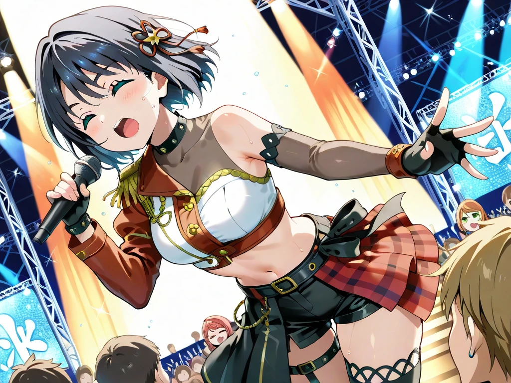 Juna Crawford, (((Yellow panties))), Yellow Bra, Open mouth, embarrassed from, Adults, action, (((Sukesuke panties)))、a blue skirt, (((((Torn clothes))))), (((((Torn bra))))), ((Fantasy World))