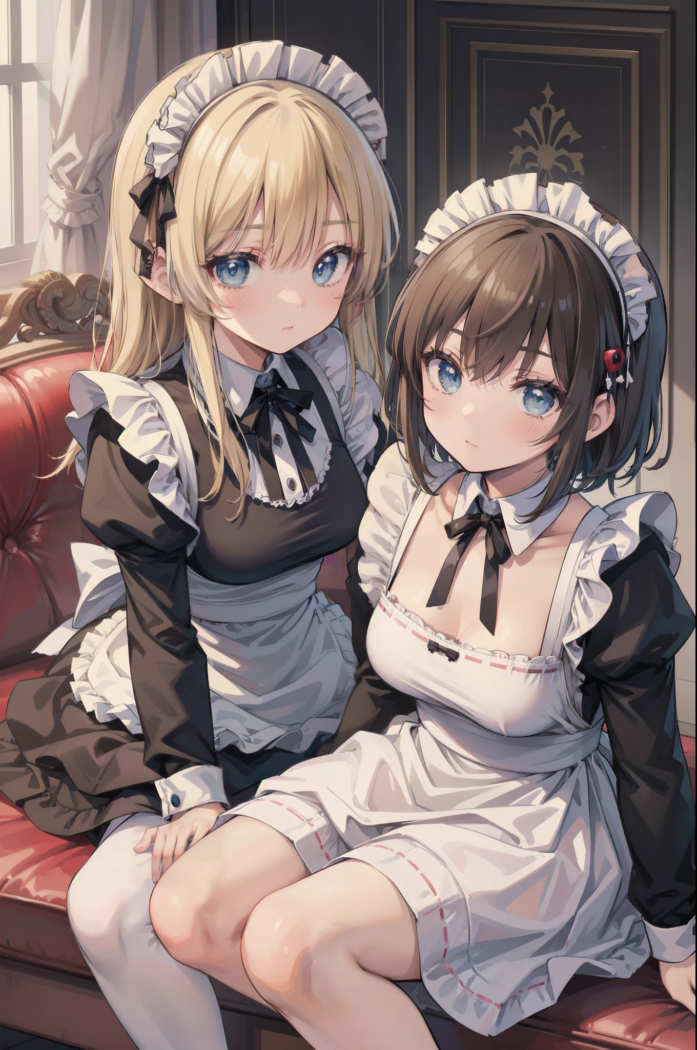 (knees together feet apart), Gently stare, by krenz Cassiato , is sitting, Asuka, Asuka, Anime Styleイラスト, Official Art, high quality anime-style art as a model, high resolution, Anime Style, (maid clothes:1.6), (face close-up:1.1), (NSFW:0.9), ( blond and blue eyed), head accessory, (flat chest:0.6),