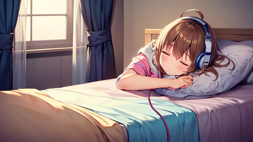 Alone in the room、１woman sleeping with people、the room is pink、sleep surrounded by stuffed animals、clothing pajamas、brown hair、headphones、Falling asleep