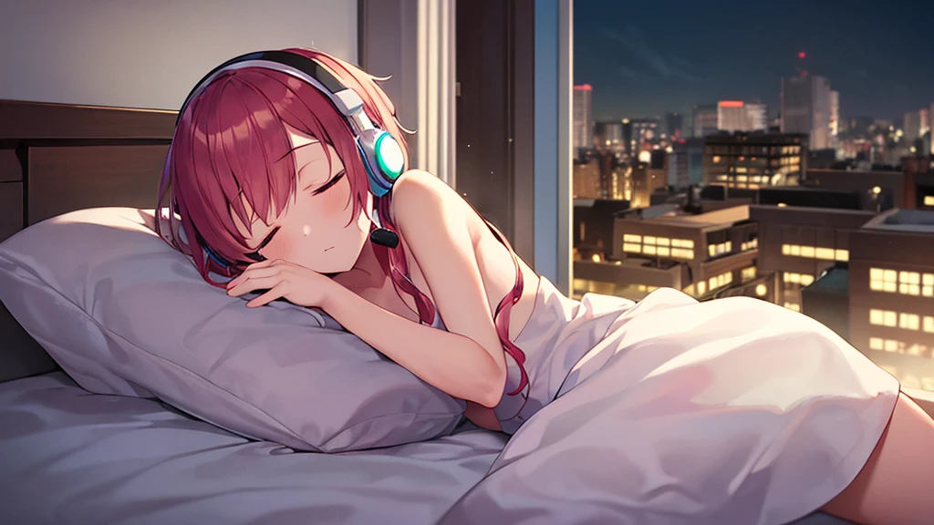 Girl lying on bed，Pink hair，Over ear headphones，Starry sky in the window