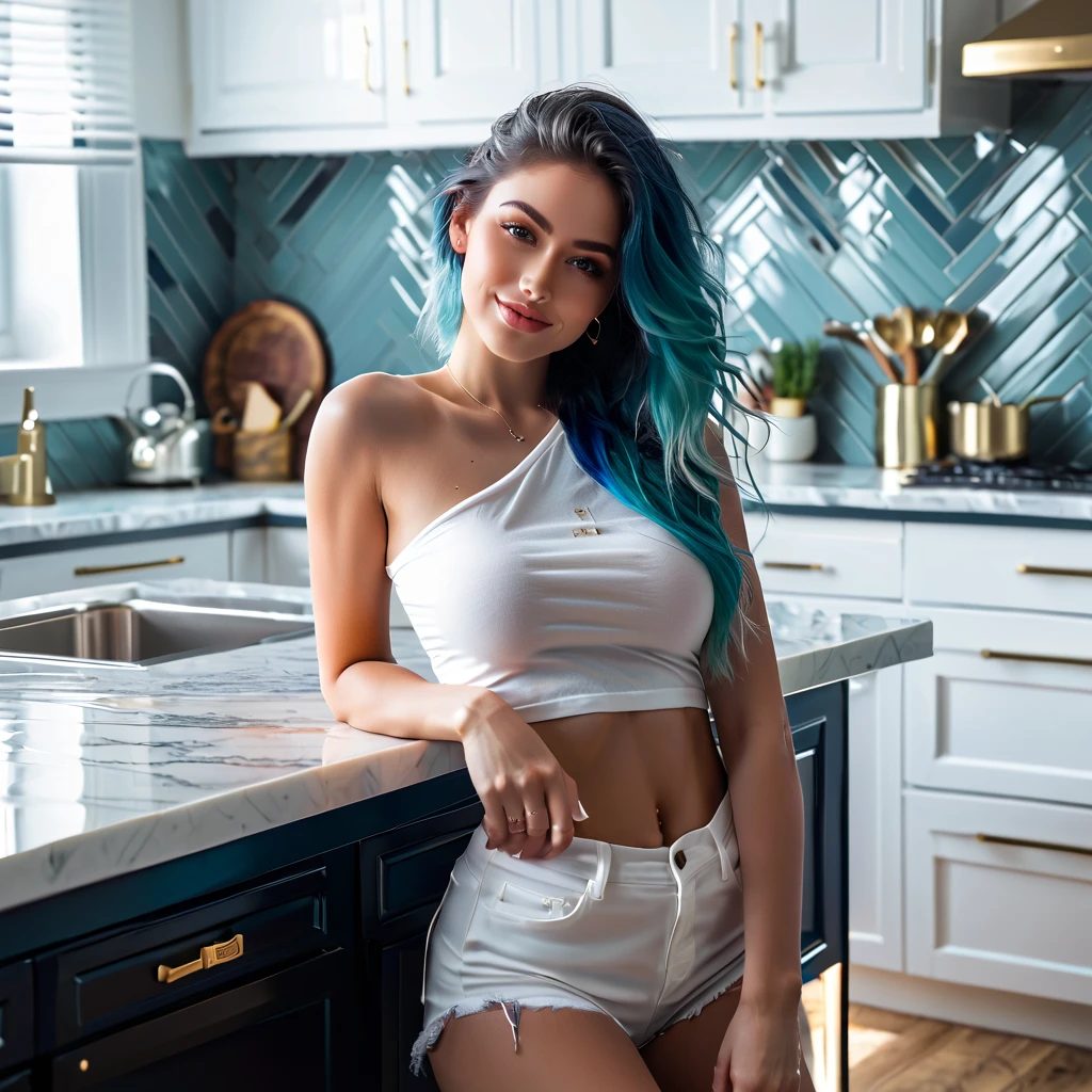rubia,22year old,chica de instagram, light blue hair, long braided hair, hermosa,influencer,semilla 1600911057, sitting in kitchen, plants surrounding, blue shirt, pink panties