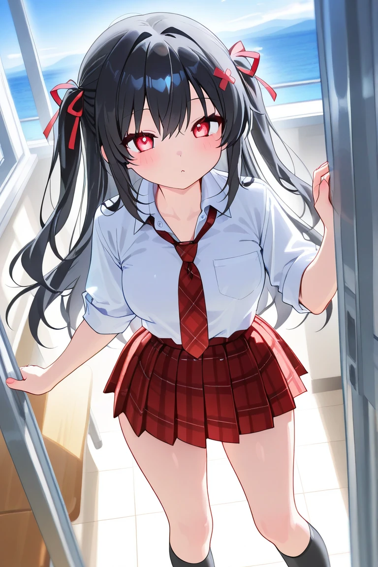 (Rear insertion position, ), Black Hair, Long Hair, Cute Hips, lure, ,(White blazer student uniform、Long skirt、Red silk lingerie、Black garter stockings), (Turn around and put your hands on the wall), Bend、nsfw、BREAK Perfect Anatomy、highest quality、(cute:1.1)、(cute)、(High resolution:1.2)、Unbelievably absurd:1.3、Incredible illustrations、(cuteイラスト:1.2)、Beautiful background、(1 girl) 、solo)、(10th Generation、JK、 face、Small breasts:1.2)、slender、、(skirt lift,upskirt,from behind),、(tooth:0.6)、、Eye highlights、embarrassed