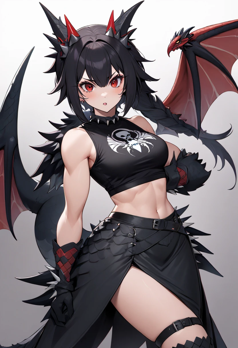 In the middle of a desert road, a small dragon girl stands with dragon wings coming out of her back, wild black hair, red eyes, and a very long pointy tail, she is wearing a black biker jacket with a skull and crossbones drawn on it, a black top with a midriff, and black cargo shorts. She has a sneaky smile on her face.