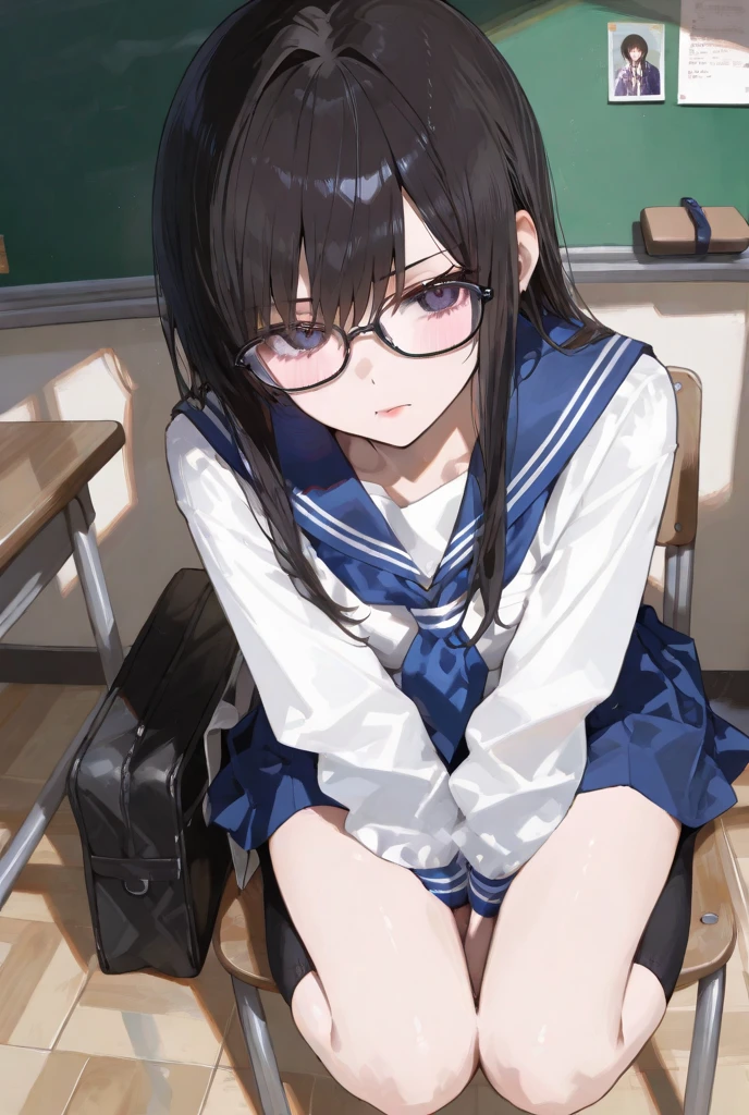 Elementary school girl 8-year-old Large Breasts Black Hair Long Hair Purple eyes 1 person Glasses Short-sleeved sailor uniform Navy blue mini skirt White panties White socks sneakers School Library squat Dynamic Angle Low - Angle