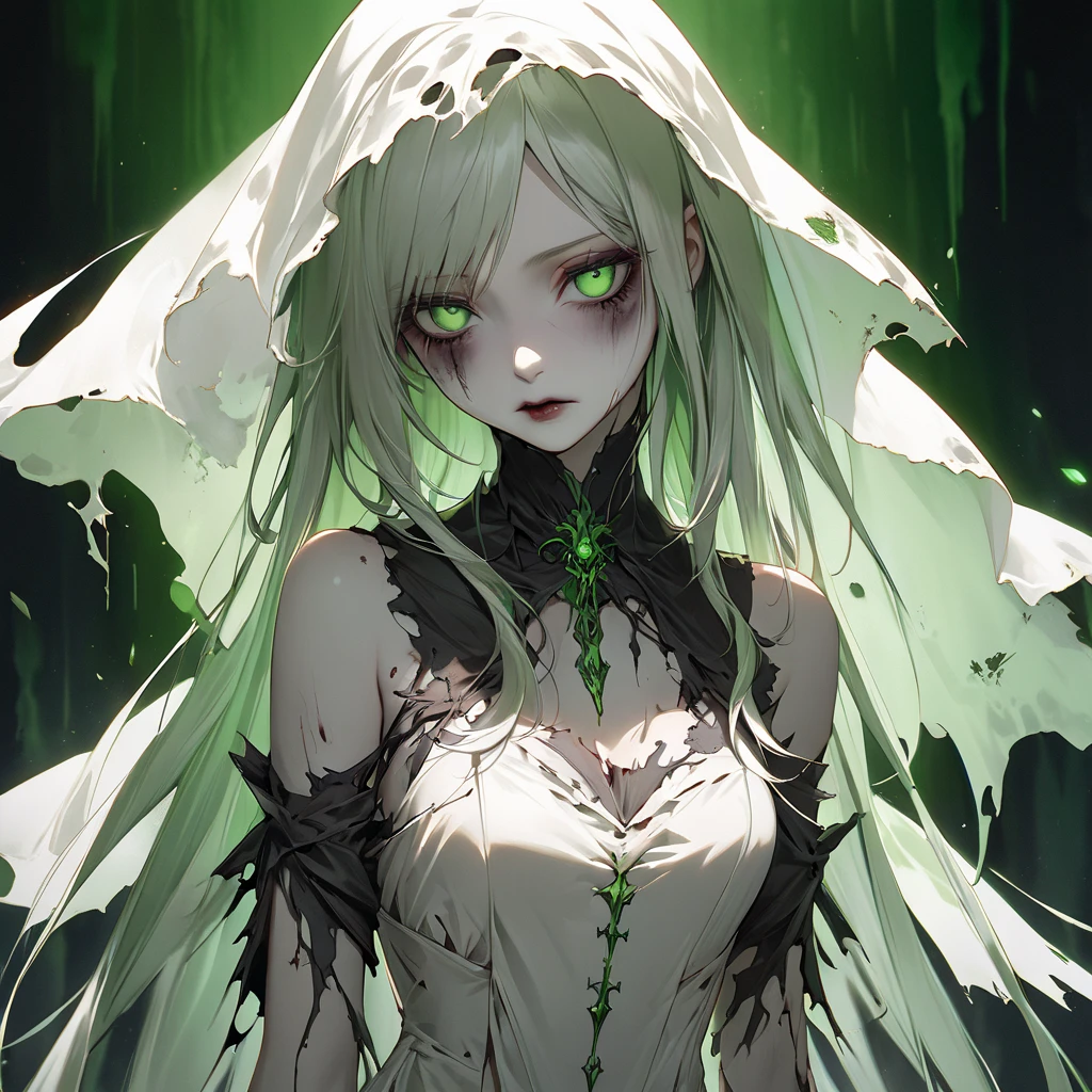 undead zombie with roots and fungi on its body neon green eyes discarded clothing dirt covering its body toxic neon green blood in the middle of a dark forest look at us facing the viewer