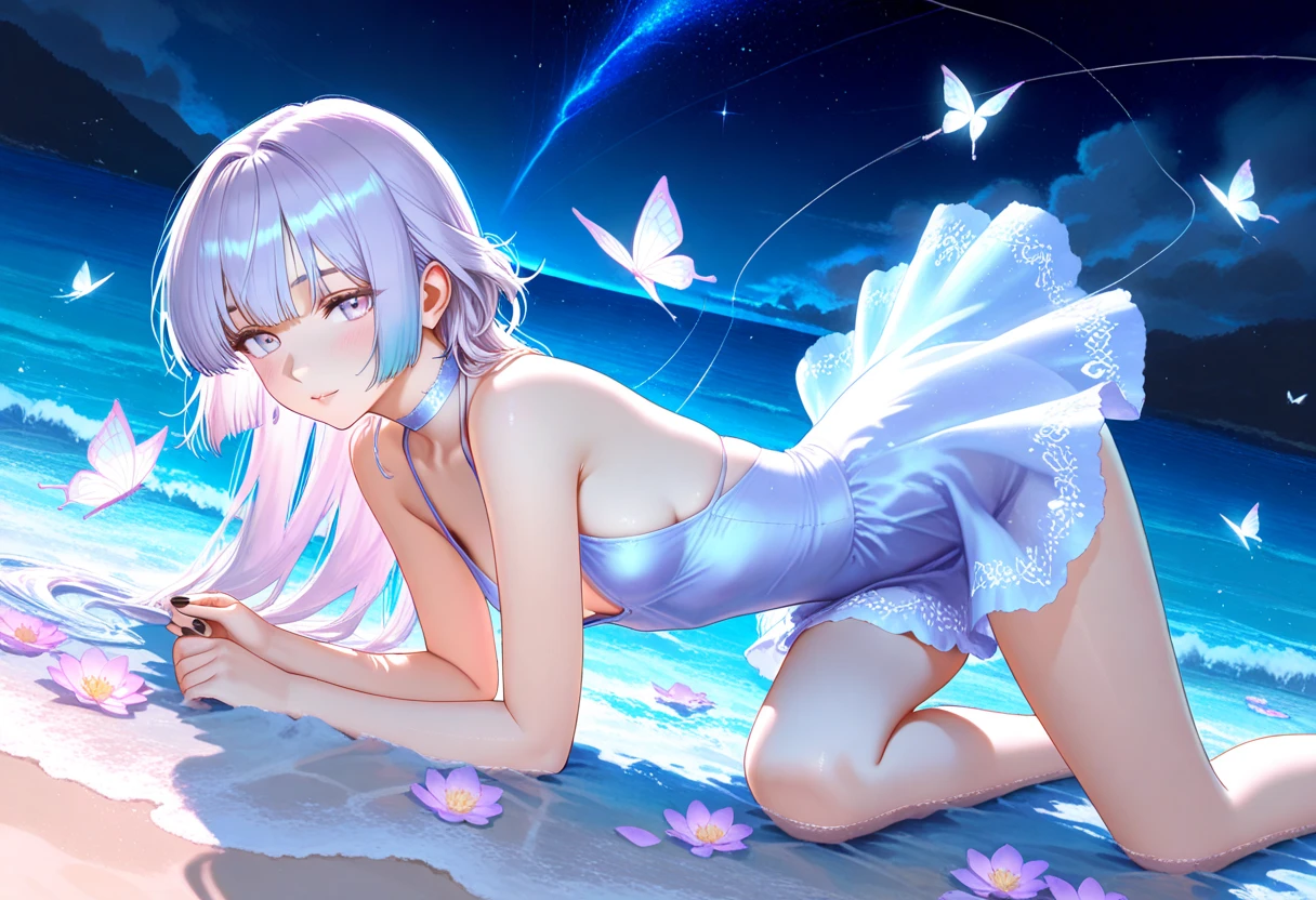 The character in the image has various distinctive features. She has short, wavy lavender hair with an orange and green flower ornament and a star-shaped clip. Her eyes are bright green, and she has a cheerful expression. She is making a "V" sign with her fingers and wears a swimsuit with white and purple elements, blue bows, and frilly edges. Accessories include a bangle on her left wrist. There is also a plaster or bandage on her left thigh. The color palette creates a harmonious look, giving off a fun and playful summer vibe.