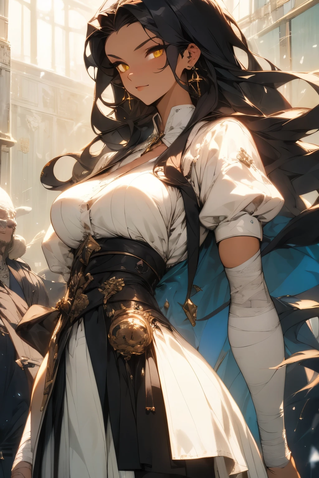 , a man, a woman, 30 years old, good figure, Pretty Face, Tanned, Sparkling golden eyes, Long dark black hair , long hair to the middle of the back, horse hair , put on a bandage, Put on a gray dress, high definition, Look at the Spectator, view, at night, Snowfall, . The background is a patient room, with earrings , Anime, with muscle, big breasts, Have breasts, Emaciated body