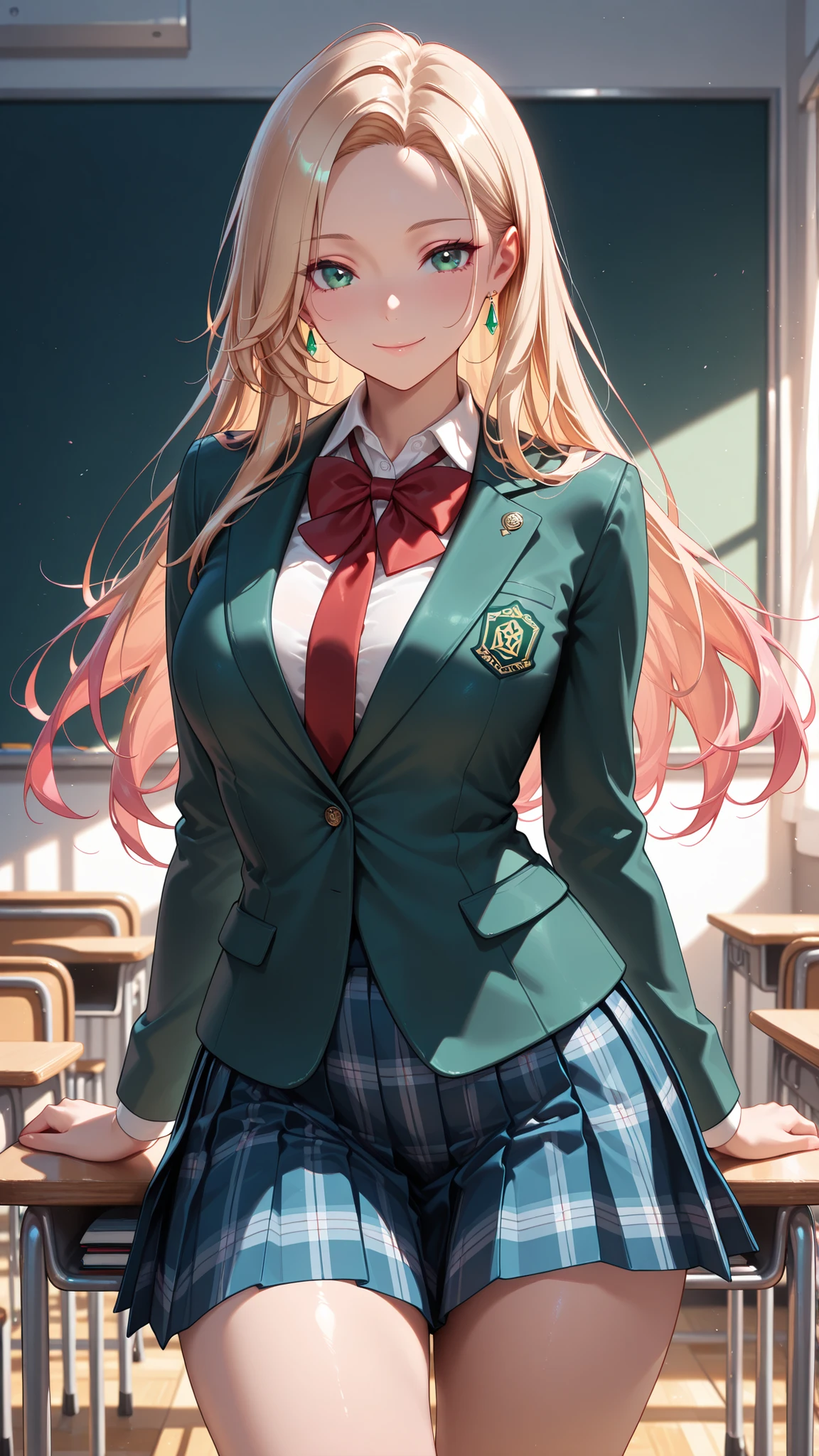 masterpiece, best quality, vibrant, very aesthetic, high contrast, semirealistic, newest, cinematic-lightning, slender, breasts, 1girl, cowboy shot, detailed green eyes, smile, semi-long hair, blonde silky hair, forehead, sliced back hair, Captivating thighs, knee, classroom, , wearing a modern school uniform with a dark green blazer , tie , short Kilt skirt , suit made of textured fabric with fine stitching, summer style with light fabric, red bowtie,blue pleated skirt,