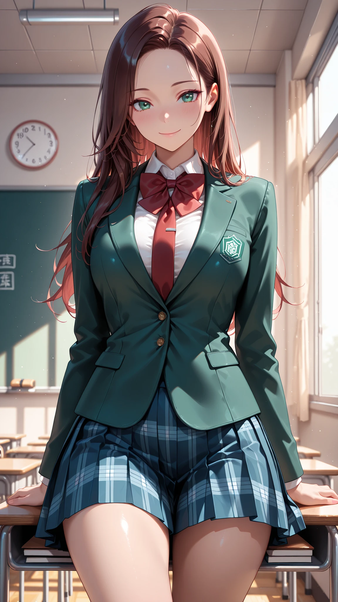 masterpiece, best quality, vibrant, very aesthetic, high contrast, semirealistic, newest, cinematic-lightning, slender, breasts, 1girl, cowboy shot, detailed green eyes, smile, semi-long hair, dark brown silky hair, forehead, sliced back hair, Captivating thighs, knee, classroom, wearing a modern school uniform with a dark green blazer , tie , short Kilt skirt , suit made of textured fabric with fine stitching, summer style with light fabric, red bowtie,blue pleated skirt,