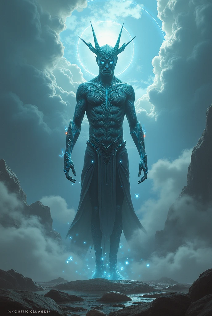 Against a dark, starry background, a regal extraterrestrial stands tall, its shimmering, iridescent scales catching the faint glow of a distant moon. The being's piercing blue eyes seem to gaze directly into the soul, while its slender fingers grasp a staff adorned with glowing runes. The subject's angular features are illuminated by a soft, ethereal light, casting an otherworldly aura around it.
