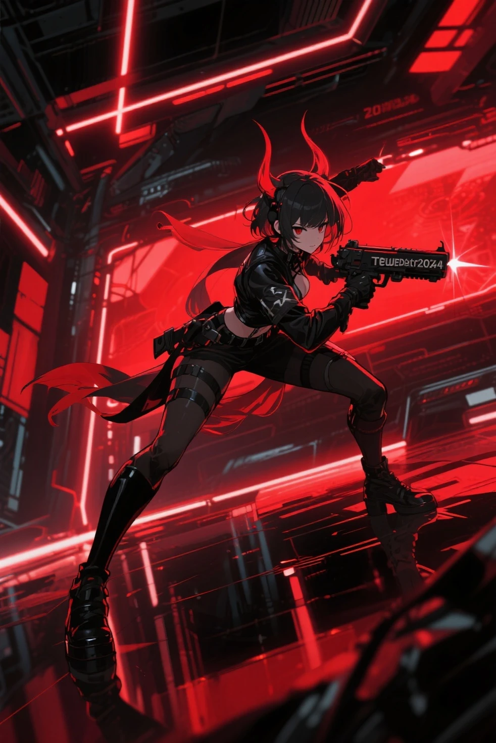 A woman,matured, perfect anatomy, cyberpunk gas mask,long pony tail hair(black hair),red aura,red magic circle,long samurai sword, cinematic lighting, cinematic angle,