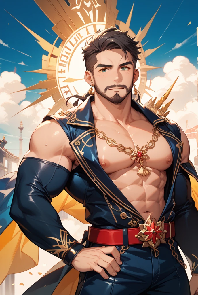 male focus, solo, 1boy, handsome black man, dark skin, warrior, abs, gold horns, high fantasy, city center background, daytime, fesital, banners, confetti,