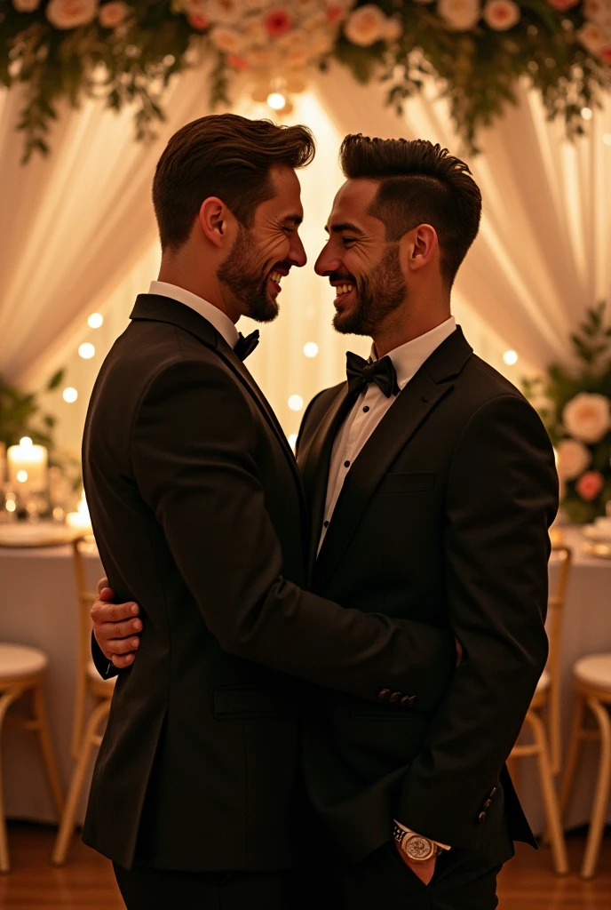 A gay couple getting married, one is white with dark straight hair and the other man is black.