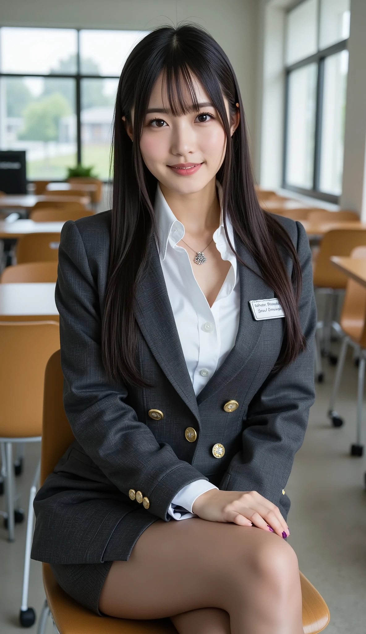 Highest Quality, (((full body shot))), (((From the top of her head to the tips of her feet ))), Sleek long black hair , Professional Office Lady with Long Dark Hair,  is sitting in a chair with her legs crossed, The height of the chair is 60cm, detailed eye and skin textures, Studio Lights, 30 years old,     dark eyes, elegant, medium chest, plump lips, earrings, necklace, Charcoal Tight Suit, white blouse, miniskirt, brown pantyhose, high heels, name tag, long sleeve,  slight motion blur , light motion blur, side profile view, Focused Expression, full body