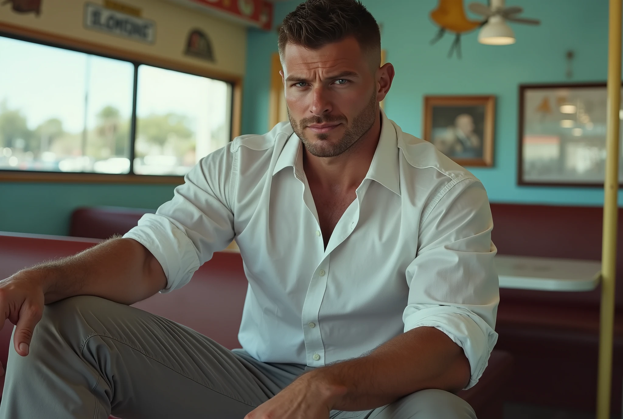 highly detailed, Award winning, dynamic, realistic, highest quality, 32k uhd, incredibly detailed, intricately detailed, ultra detailed, ultra high quality, high detail, ultra detailed, masterpiece, (side shot), (looking at viewer), 1men, (white european hyper sickly little man), (manly face), (super handsome male:1.5), (normal penis print:1.5), (wearing a white shirt with the sleeves rolled up to his elbows, and shiny grey slacks:1.5), nice bulge, (handsome smile), (skin Fade cut and buzz cut hair:1.5), (stubble beard:1.5), sitting on a bench in a sleazy motel, exuding a cocky swagger and cool of a straight varsity jock stud, smug arrogance, Enhanced with HDR technology, this image depicts a true masterpiece, 4K resolution, majestic pose, perfect muscle structure, pec shelf, in the style of Rick Day, MAGA stud, USA, ultra conservative,