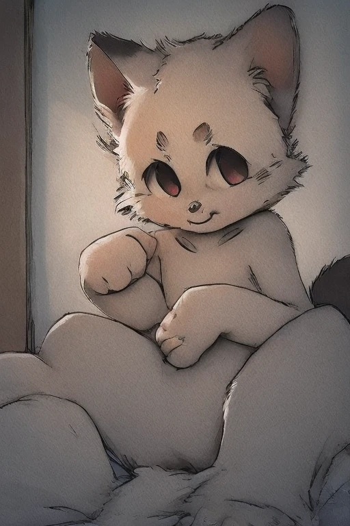 In bed, a small, cute kitten is sleepy with its eyes closing blurrily, displaying a faint hint of drowsiness. The kitten's brown fur, soft and plush, contrasts against the white bed sheets, creating a lovely scene in the Japanese animation style. The kitten's ears are perked up slightly, its nose twitching occasionally, adding to its adorable charm. The room around is bathed in a gentle, warm glow, casting a cozy ambiance. The kitten's paws twitch nervously as it succumbs to the lull of sleep, its tiny chest rising and falling gently with each breath. The animation captures the kitten's every