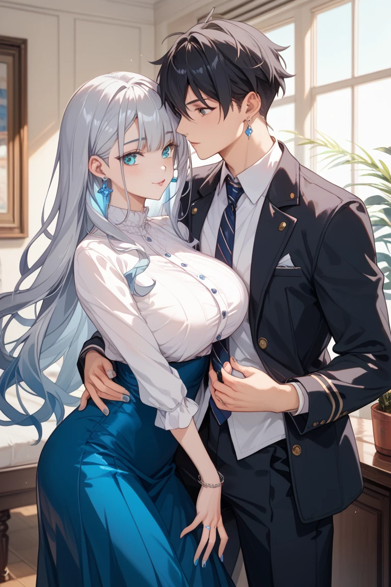 A boy with white hair and blue eyes and a girl with long dark brown hair golden eyes and huge breasts and ass, school uniform, cleavage, modern