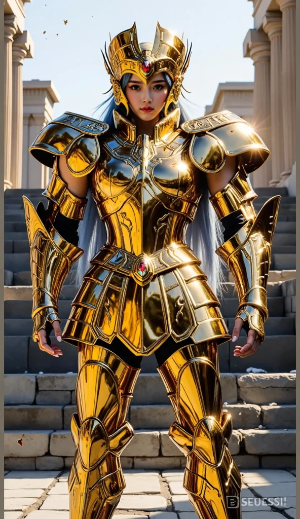 A woman in armor holds a sword and shield, knights of zodiac girl, Armor Girl, Golden armor, gold heavy armor. Dramatic, Gold armor, angelic golden armor, golden armour, gold obsidian armor, Light gold armor, gold armour suit, Heavy gold obsidian armor, Stunning armor, gold paladin, Portrait Chevaliers du Zodiaque Fille, sleek gold armor