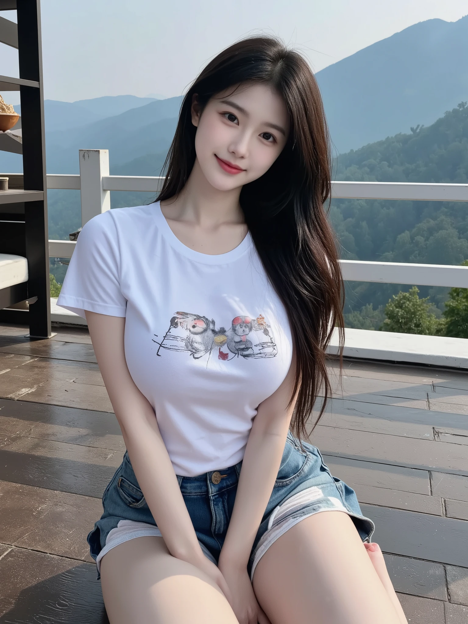 nsfw:1.2, white printed T-shirt, break, white panties, break, denim mini skirt, sitting in a kneeling position, focused on thigh, mountain cabin, on the roof, morning glow, distant mountain range, shot from below, from a diagonal front angle, ((masterpiece)), ((best quality)), (ultra-detailed), ((beautiful eyes)), Japanese female, (slender:1.3), ((30 years old)), beautiful, (flat chest:1.2), (cheerful grin:1.1),