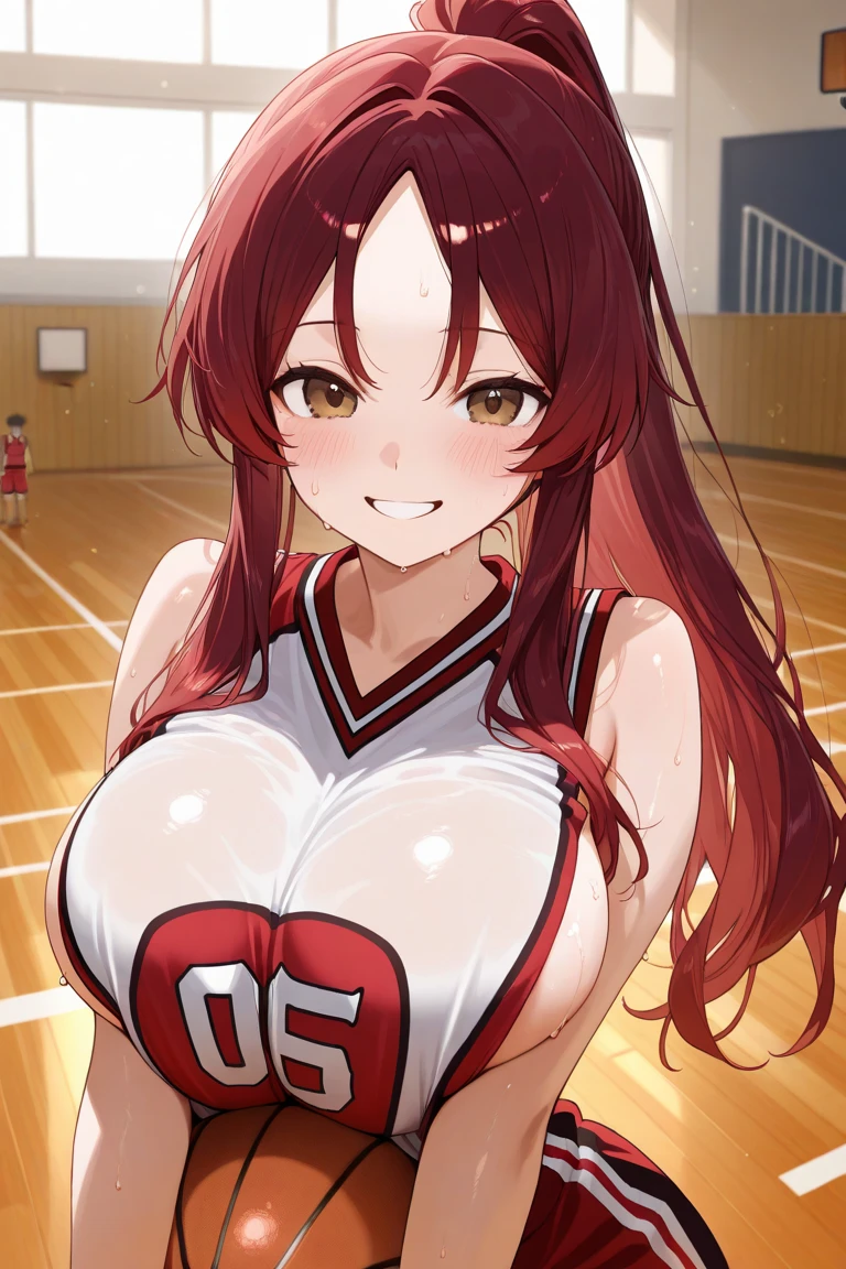 masterpiece, Highest quality, High resolution, Red long hair、Blue Eyes 1990s \(style\),、(Big Breasts)、Sweating all over the body、vapor、、Dome Stadium Cheerleader Glaring at me