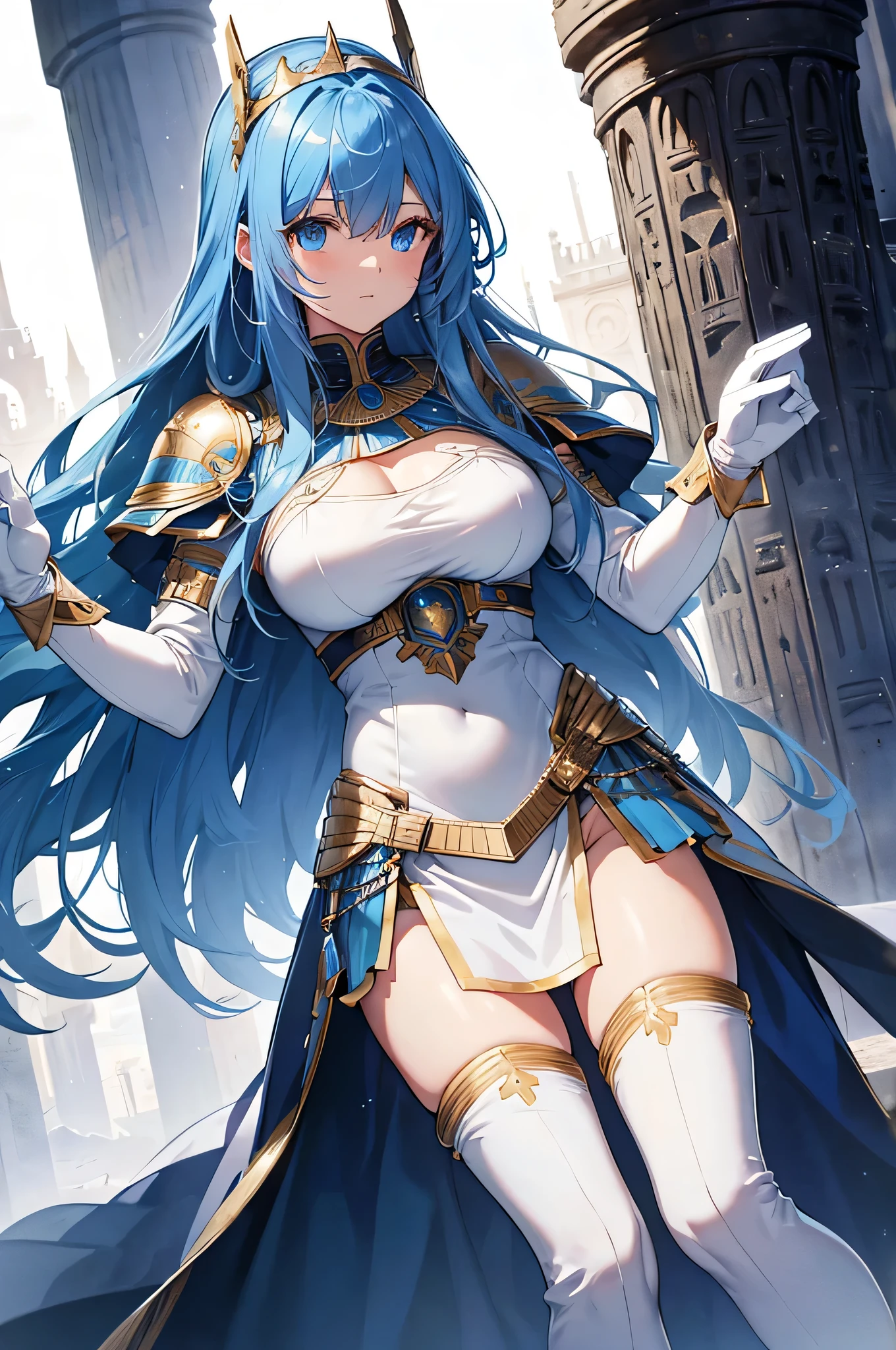 4K,High resolution,One Woman,Blue Hair,long hair,Braid,Big Breasts,Valkyrie,White sacred high leg leotard armor,White gloves,White shoes,Winged headgear,Jewelry decoration,Gold decoration,Holy Sword,Temple in the Sky