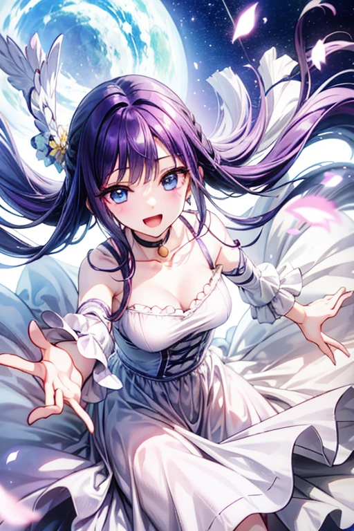 Dreamweaver diva, phantasmal, surreal, night-sky hair, dreamscape, orchestrating, symphony of slumber, dress of dusk, floating among dreams, deep night, lullaby of the subconscious, dream orchestration scene,Neck,Unity,(from above),