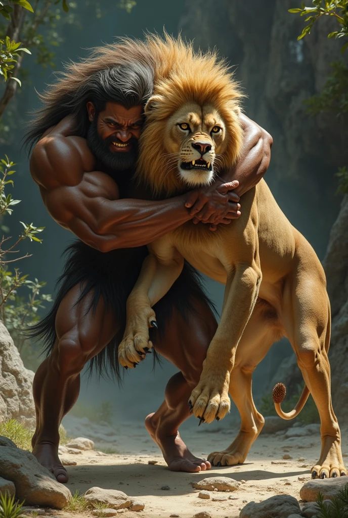 handsome, muscular, tall, has blue eyes and light curly hair, He wears the skin of a lion, full body,