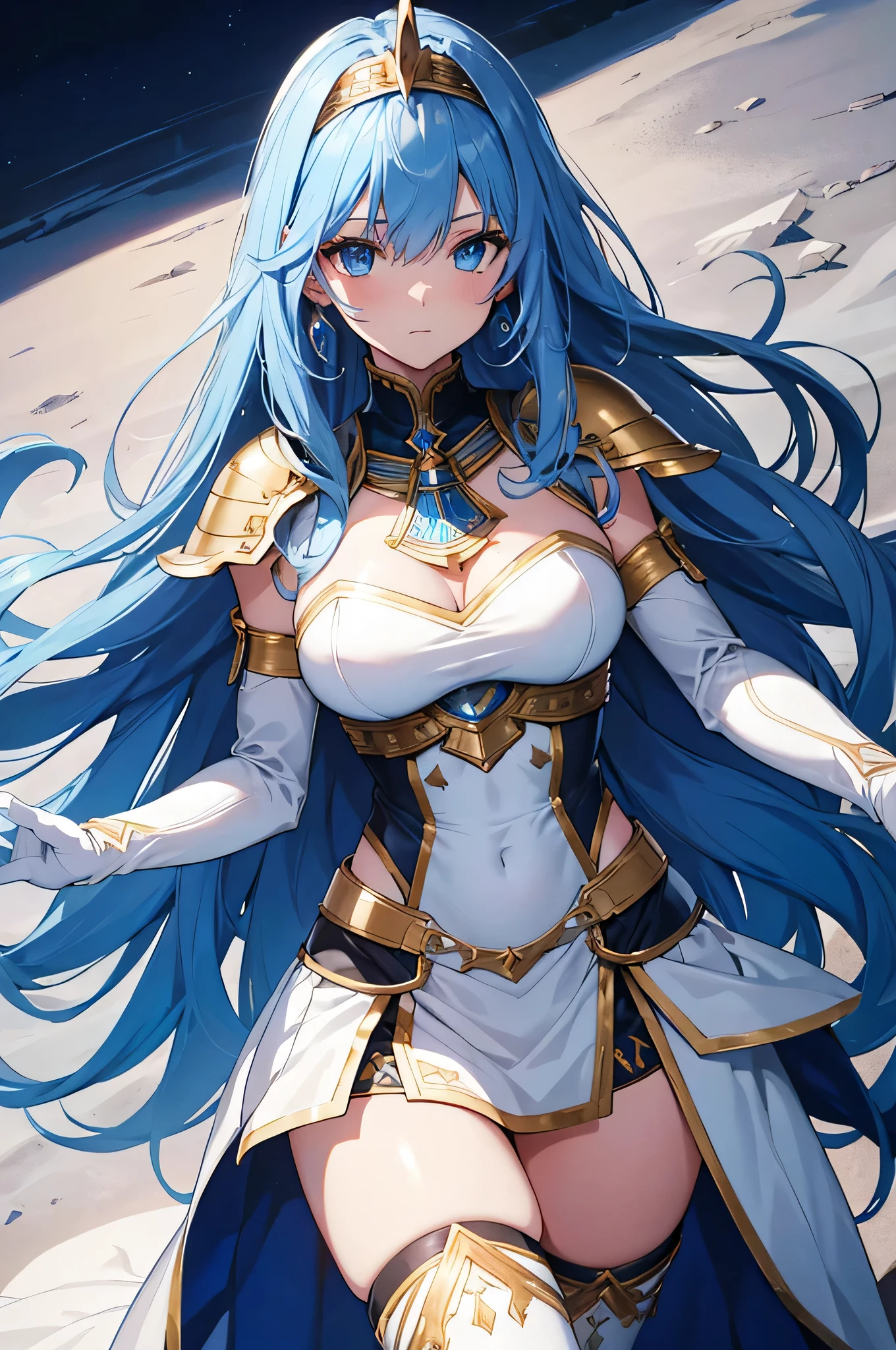 4K,High resolution,One Woman,Blue Hair,long hair,Braid,Big Breasts,Valkyrie,White sacred high leg leotard armor,White gloves,White shoes,Winged headgear,Jewelry decoration,Gold decoration,Holy Sword,Temple in the Sky