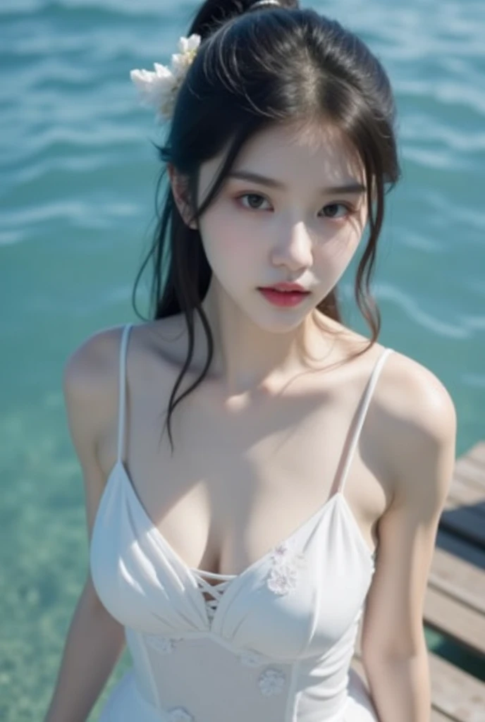 A beautiful woman, wearing bikini, pale skin, smooth pale skin, detailed face, cute face, super detailed, 8k