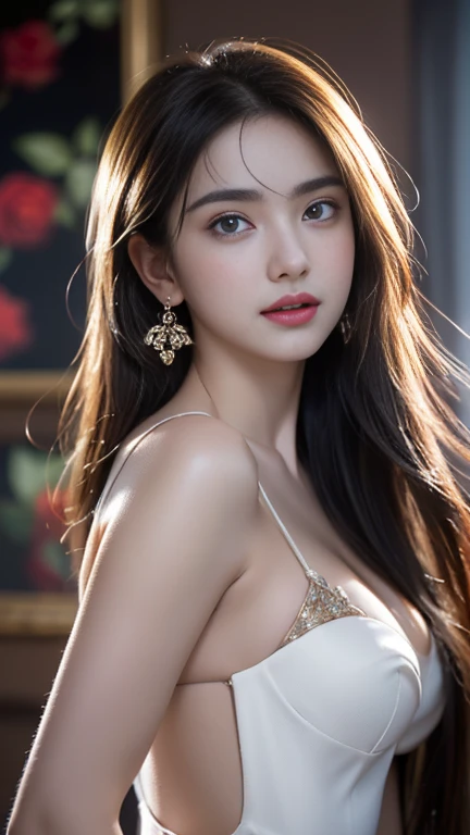 Nikon Z 85mm, ((highest quality)) ((masterpiece)), intricate details, sharp focus, professional, photorealistic, surrealistic, photorealism, fine detail, top quality, highly detailed CG Unity 32k wallpaper, perfect artwork, shiny hair, glowing eyes, shiny skin, realistic, perfect female figure, constricted waist, Very delicate and beautiful, best quality, beautiful detailed girl, staring at the viewer, smile: 1.4, beautiful fine eyes, face lights, see-through, long white wedding dress, wedding ring on ring finger, realistic expression of face, intricate details, makeup, perfect proportions (detailed beautiful delicate face, detailed beautiful delicate eyes, face) perfect proportions, detailed skin, detailed skin, standing figure, best ratio 4 fingers and 1 thumb, bedroom: 1.4,