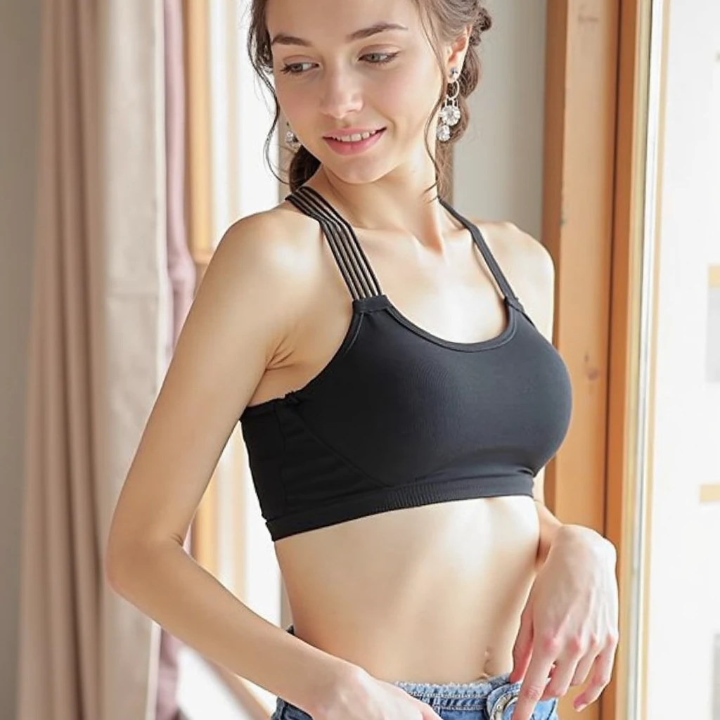 ((Best Quality, 8K, Masterpiece: 1.3)), tall and beautiful woman, Perfect figure: 1.4, Slender abs, dark brown hairstyle, short hair, Yoga mini pants, No postural movement, Standing straight, Very detailed face and skin texture, Detailed eyes, Double eyelids, Smile, Sagging breasts
