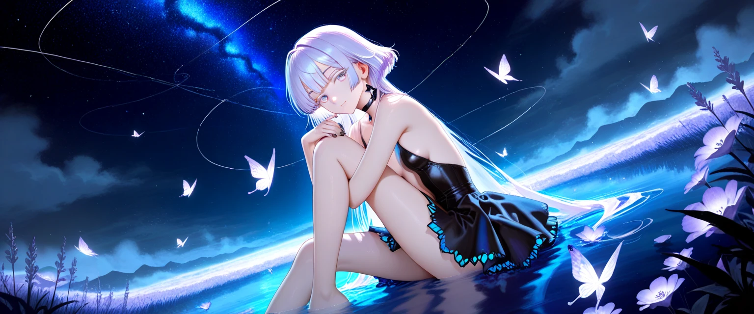 (((Vision: 1.4))) anime teen girl, (Lie down (river), (((Half naked))), Cinematic Light, Curvaceous and slim body, the skin is pure white, soft, Smooth and, ((Browsing Caution)), Very delicate and beautiful CG illustrations, Highest quality, High resolution, Dynamic Angle, Full Frame Lens, (1 girl), floating, soft light, High key lighting), Shining Light, Purple halo, Feathers flying background, Blue Crystal, (((Wearing white clothes (Pure) (transparent) Tank top))), ((Very cinematic))