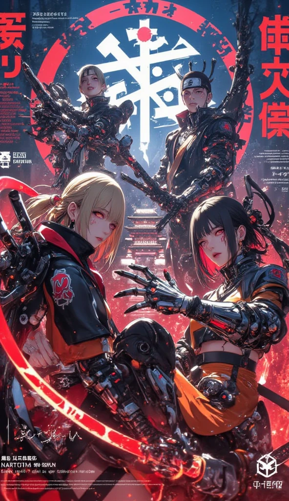A poster of a movie, epic, cyberpunk, inkpunk, 3 female ninjas sit on the top of a building, night time, in style of red and black, sexy, ((from above))