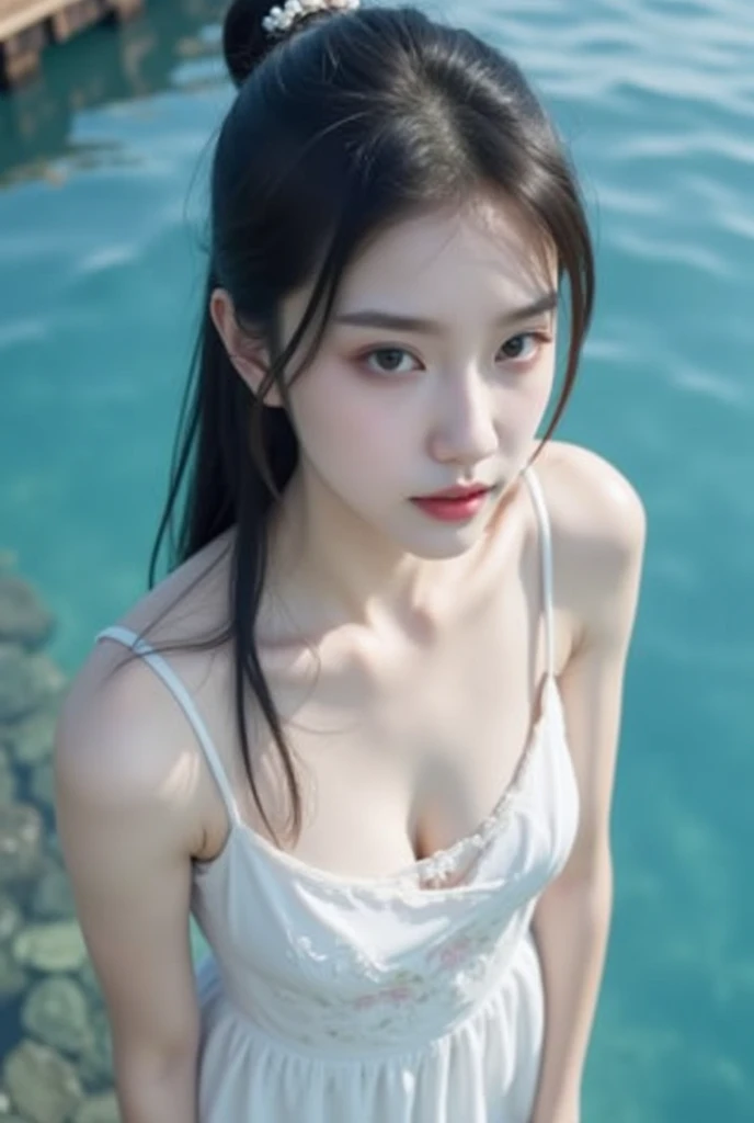 1 girl, (8k, original photo, lifelike: 1.25), Collage style, (lip gloss, eyelash, shining face, skin shiny, best quality, ultra high resolution, depth of field, Color difference, Caustics, wide lighting, natural shadow, long black hair,small breasts) The viewer’s eyes are calm, Goddess-like euphoria, (masterpiece), best quality, 1 girl, alone,look at the audience, upper body shot, portrait, the art of mathematics, beautiful, illustration, Popular topics on Artstation, Recommended on pixiv. A hidden masterpiece,The young woman followed the sound of gurgling water into the depths of the woods. Emerging, She discovers a fascinating waterfall, Pure seawater flows gracefully into the crystal clear swimming pool. Fascinated, She dipped her fingers into the cold water, Feel a deep connection to the fascinating beauty of nature,Light blue transparent swimsuit