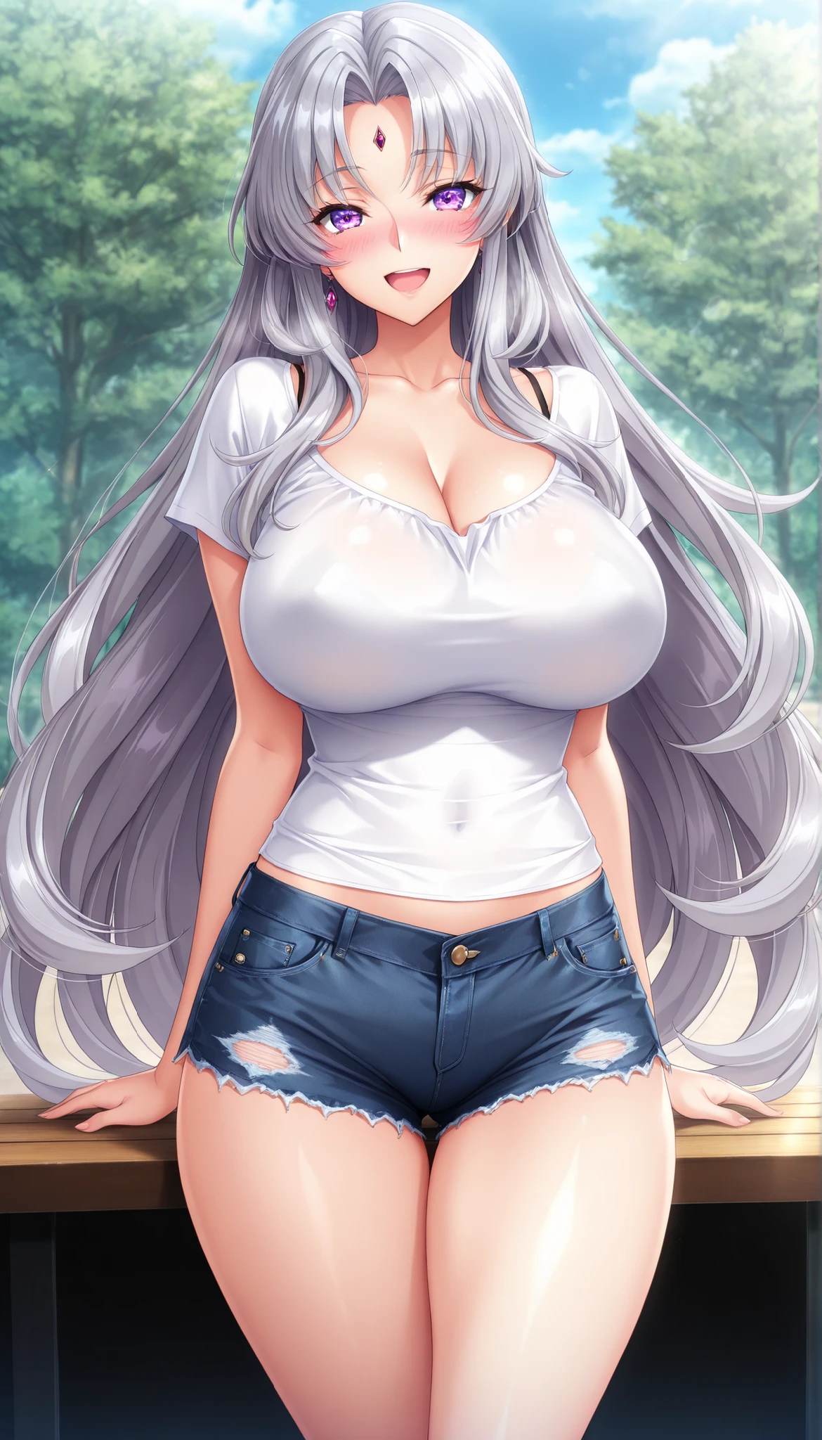 masterpiece, best quality, good quality, 1girl, Fáfnira Dracour, grey hair, long hair, violet eyes, large medium breasts, slim, game cg style, blush, horny, slutty, smile, white shirt,denim,open mouth,thorn shorts, bbq