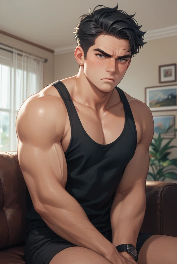(Best Quality,4k,8k,High resolution,masterpiece:1.2),ultra detailed,(realist,photorealist,photo-realist:1.37),1 man,31 years,mature man,Big eyebrows,shirtless,very handsome,big body,muscular,serious expression,short gray black hair,blue eyes,glare,sitting in a chair,perfect face without mistakes,imposing posture,cinematic lighting,imagen HDR