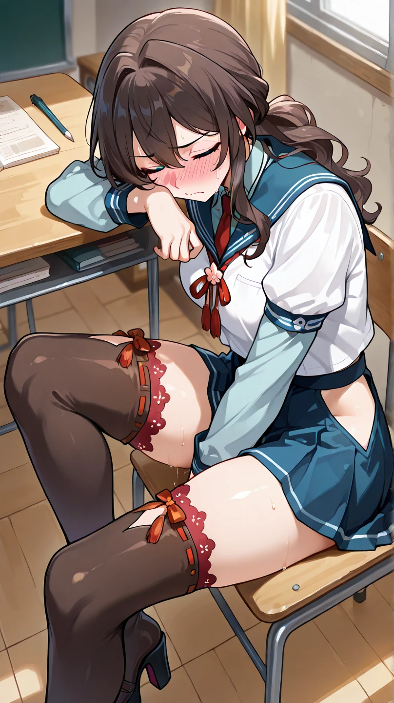 4k HD,perfect,Exquisite,girl,Black ponytail,Small Breasts,full body portrait,((Rope restraints, arms behind the back, hands behind the back, rope restraints, hand restraints, rope restraints, feet rope restraints, groin, slim figurecollar,in the classroom sit on the floor)),((school uniform)),Shy