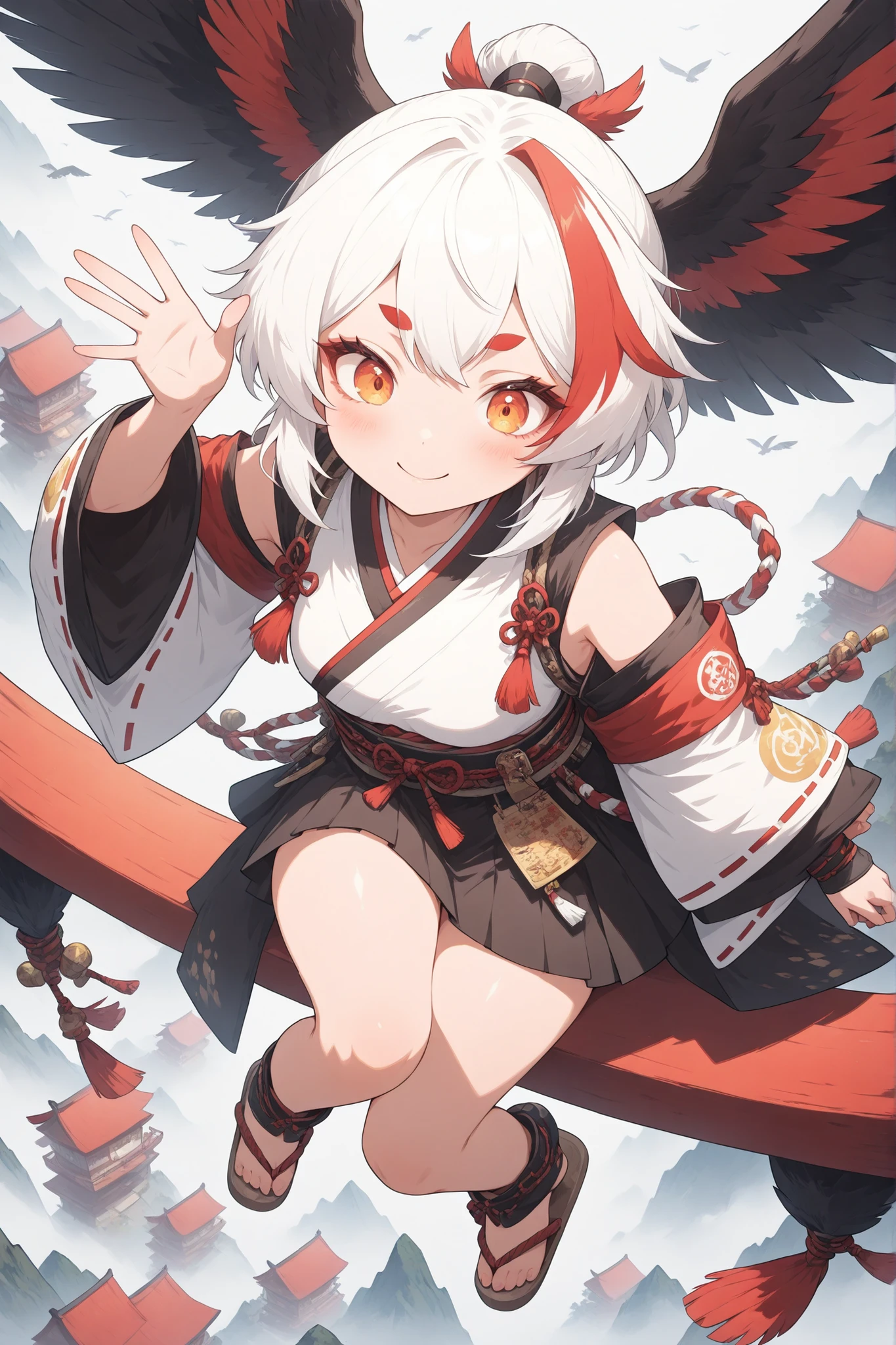 thin and soft painting style 、1girls looking at rabbits、solo、Sitting on a torii gate、Looking down from above、Tengu Girl、Empty Dog Decor、tengu costume 、handkerchief、tengu feather、Tengu clogs 、Red eyebrows、white hair, Highlight Hair, Red Streaked Hair、Yellow porn、squint、boyish、smile