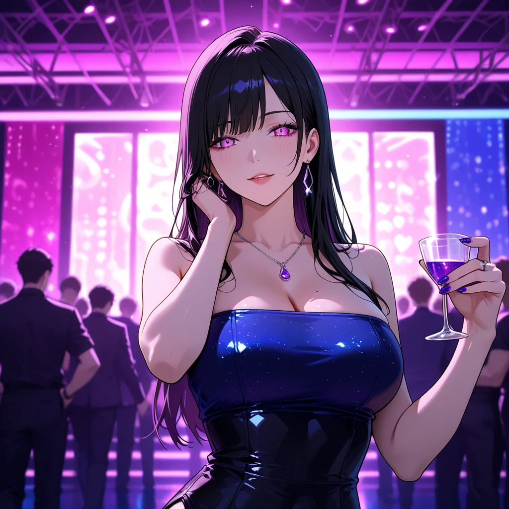 ,Put on your headphones,(Black Hair Girl),,Big Breasts,DJ,DJ Booth、Riding the music、club、((Night Live House、Red laser light、Blue laser light、random laser point、Virtual space、Golden laser beam、Purple laser light、DJ、Live Stage))