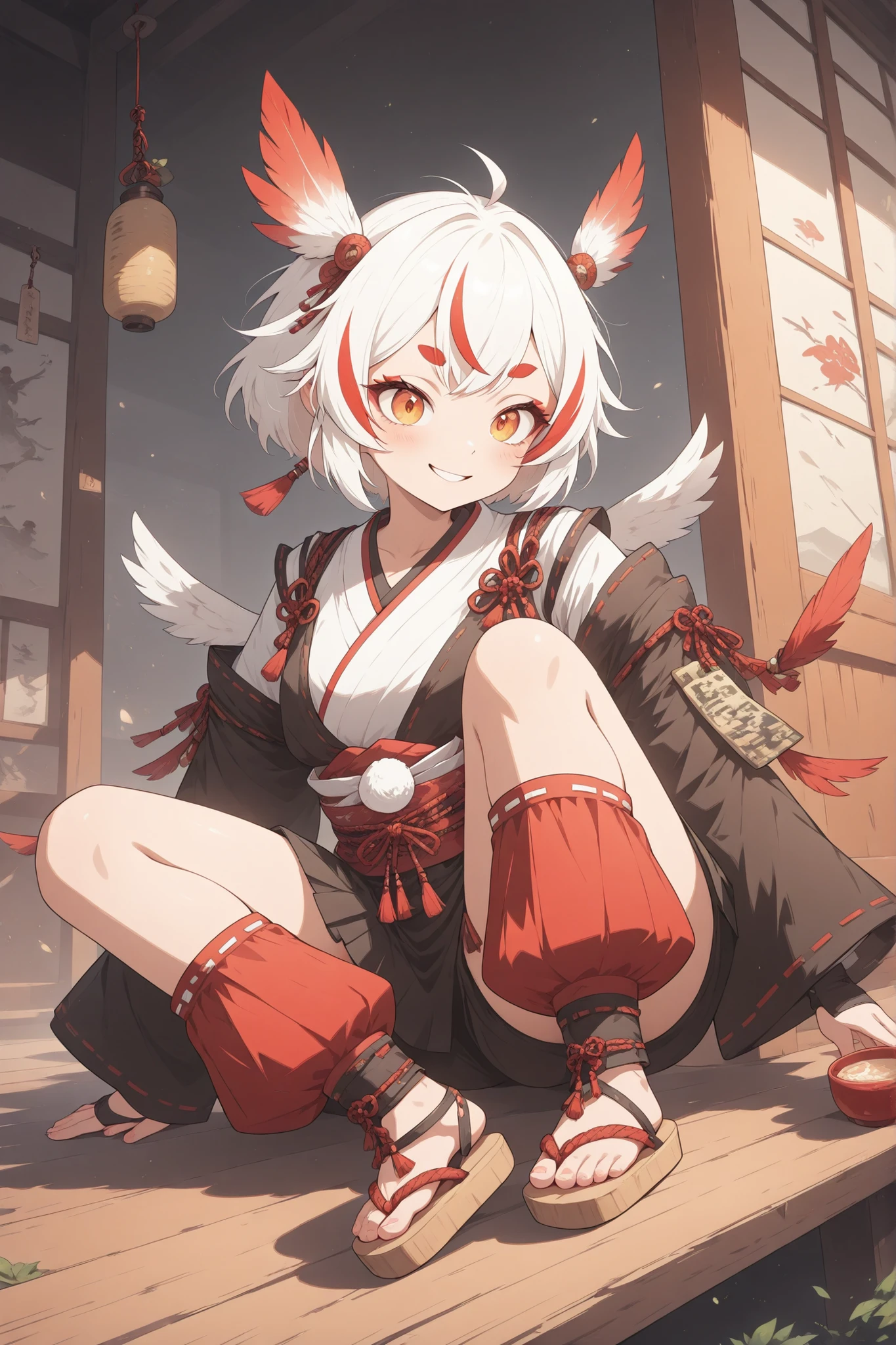 (( thin and soft painting style)) 、1girls looking at rabbits、solo、Sit on the veranda of a shrine、Drinking alcohol with an ochoko、Tengu Girl、Empty Dog Decor、tengu costume 、tengu feather、Tengu clogs 、Red eyebrows、white hair, Highlight Hair, Red Streaked Hair、Yellow porn、squint、boyish、smile