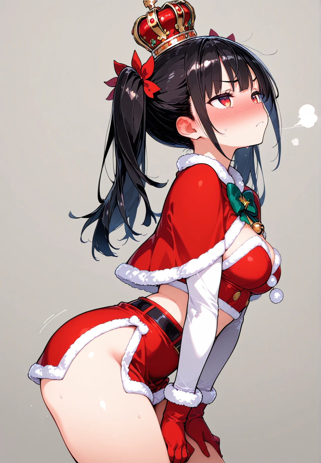 masterpiece, best quality, highres, 1house wife, large pointy breasts, large ass, bob cut black hair, (embarrassed, blush:1.3), seductive smile, santa long frilled dress, (love juice:1.5),