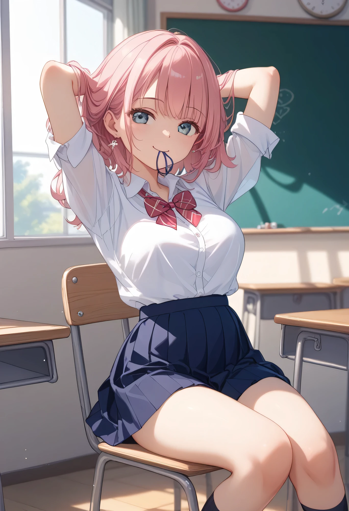 (Best quality, 8K, Masterpiece:1.3, 1 girl, Beautiful girl), Cute, Dynamism, Detailed face, Detailed skin, Detailed eyes, Detailed lips, Detailed fingers, Detailed mouth, Photorealistic, Raw photo, Natural lighting, dynamic pose, perfect anatomy, toned legs, round eyes, double eyelid, tareme, moist lips, wet clothes, spreading legs, sweaty, (peeing herself, peeing), drooling, half closed eyes, ((A bunch of men are grabbing her breasts, multiple hand)), men are grabbing her thighs, man is touching her crotch, crowds, excited men, gangbang, pov, school uniforms, buttoned white shirt, pleated skirt, (ahegao:1.5), camel toe, steam:1.5, ecstatic face, sticking tongue out, pink hair, skirt lift, in the classroom, short hair, cum in vaginas, arms up, thighhighs, lace panties